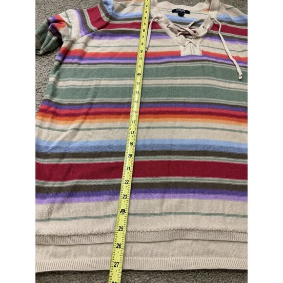 CHAPS Womens V-Neck Sweater Multi-Color Striped Long Sleeve Lace Up Rainbow 1X - Picture 9 of 9